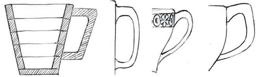Bleistiftskizzen mehrerer Tassen und Henkel aus unterschiedlichen Ansichten.